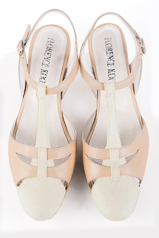 Off white and powder pink women's open back T-strap shoes. Round toe. Low kitten heels. Top view - Florence KOOIJMAN